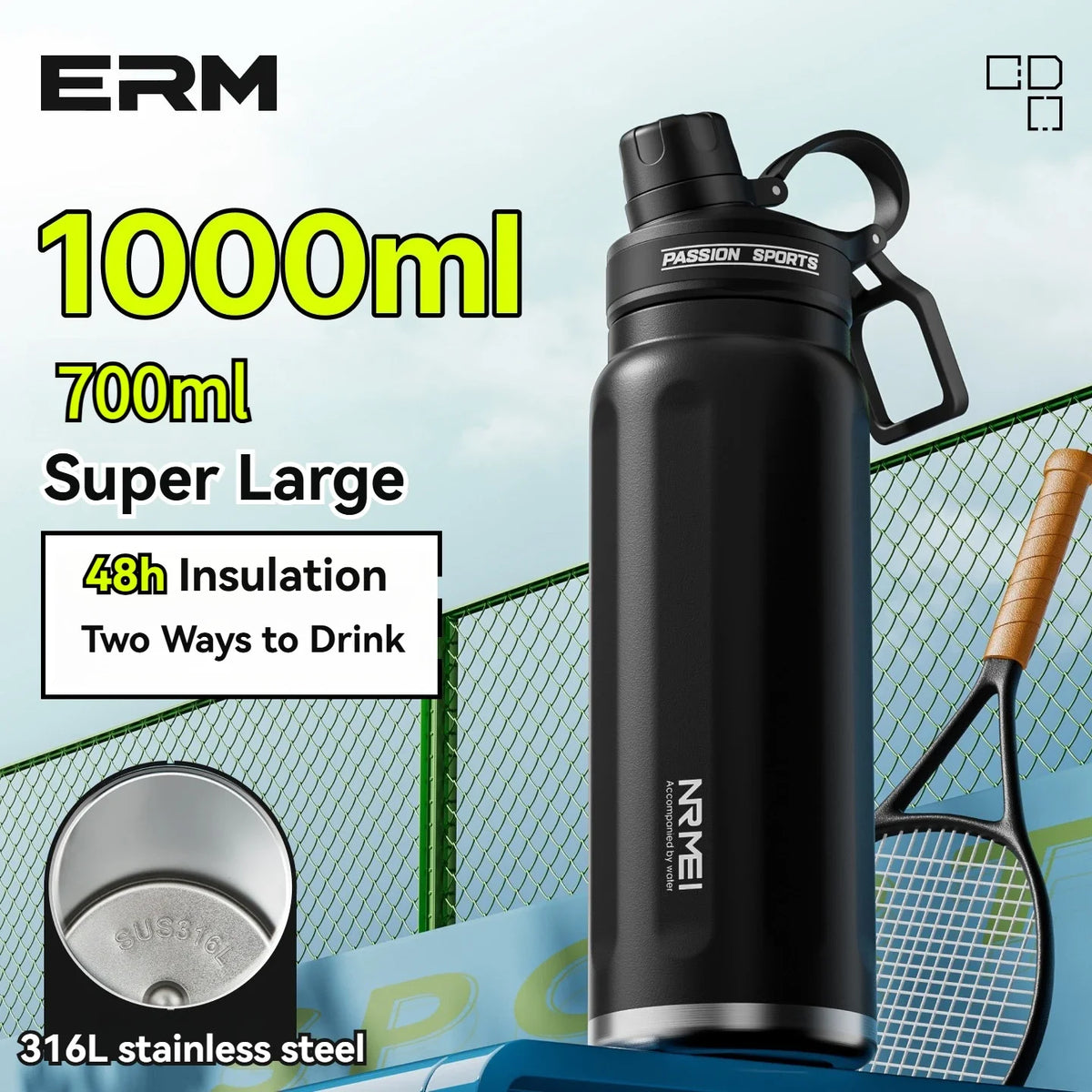 Insulated  Water Bottle Stainless Steel Bicycle Sport Large Capacity Fitness and Refrigerated Rotating Lid Convenience